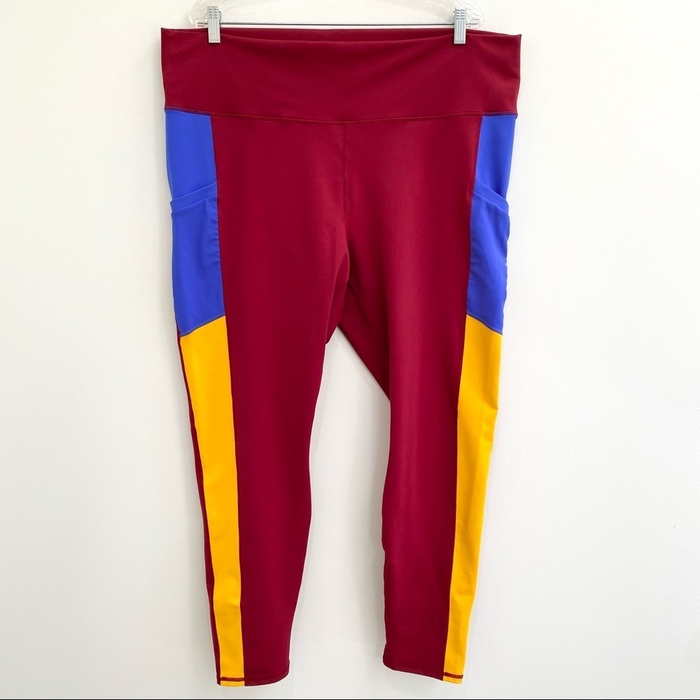 Fabletics on the go red blue yellow color block high waisted leggings pockets 3X